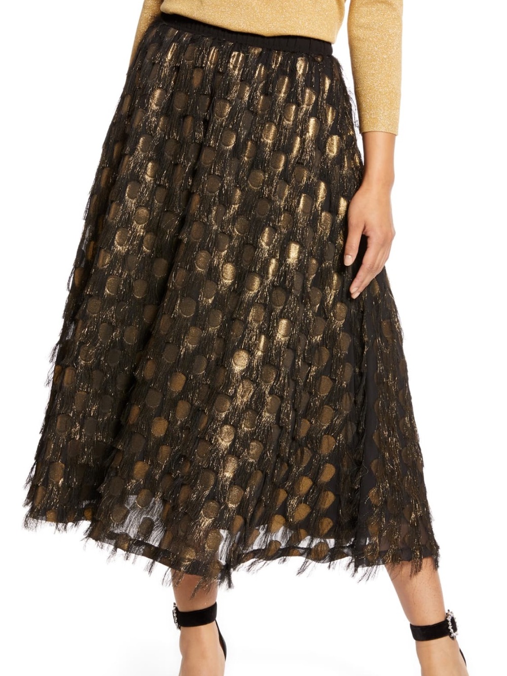 NWOT Halogen x Atlantic Pacific Gold Dot Fringe Skirt in Size Medium